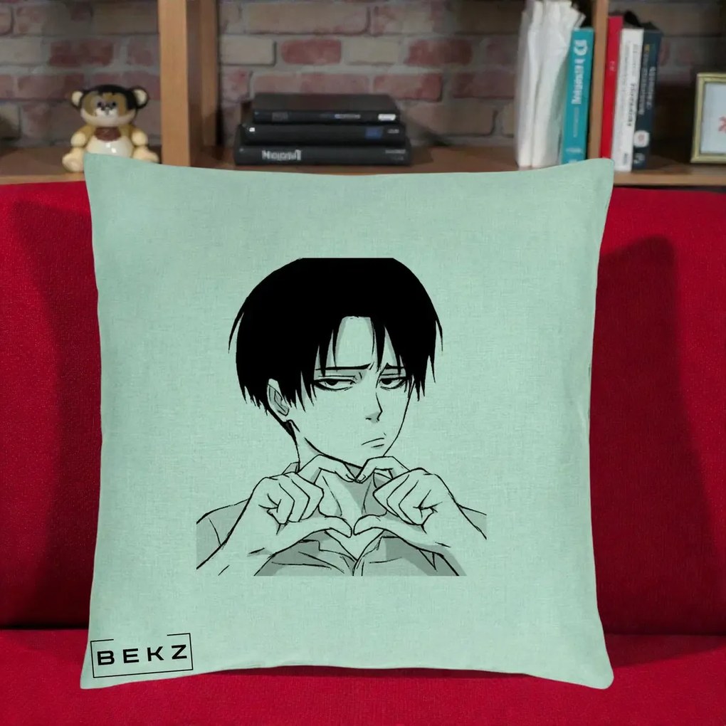 Perna Personalizata Levi Ackerman Inima, 40x40 cm, Verde Menta, Husa Detasabila, Perna Inclusa, BEKZ®