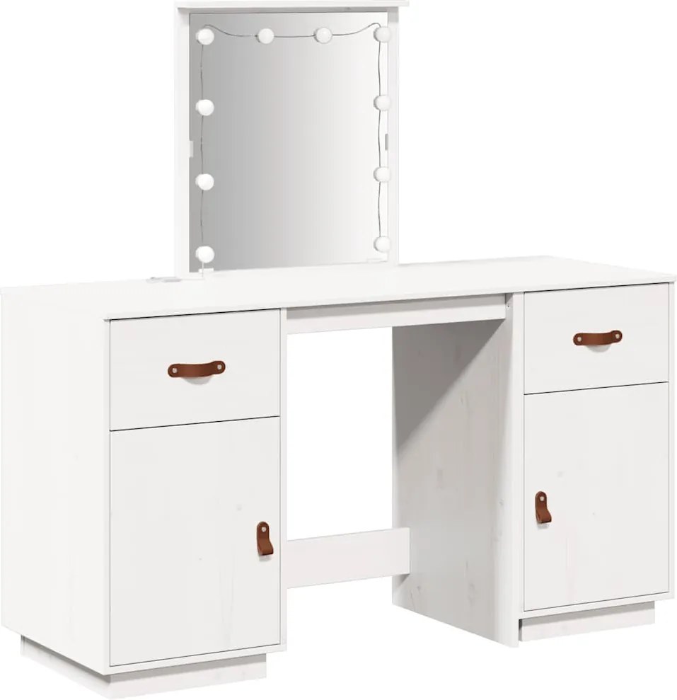 vidaXL Set de masă de toaletă cu LED, alb, lemn masiv de pin