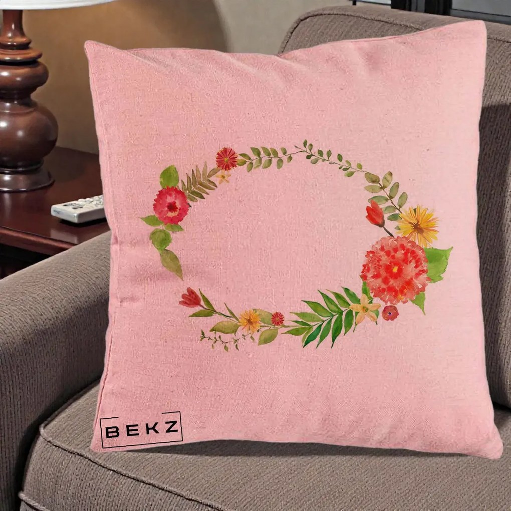 Perna Decorativa Coroana Florala Acuarela, 40x40 cm, Roz, Husa Detasabila, Perna Inclusa, BEKZ®