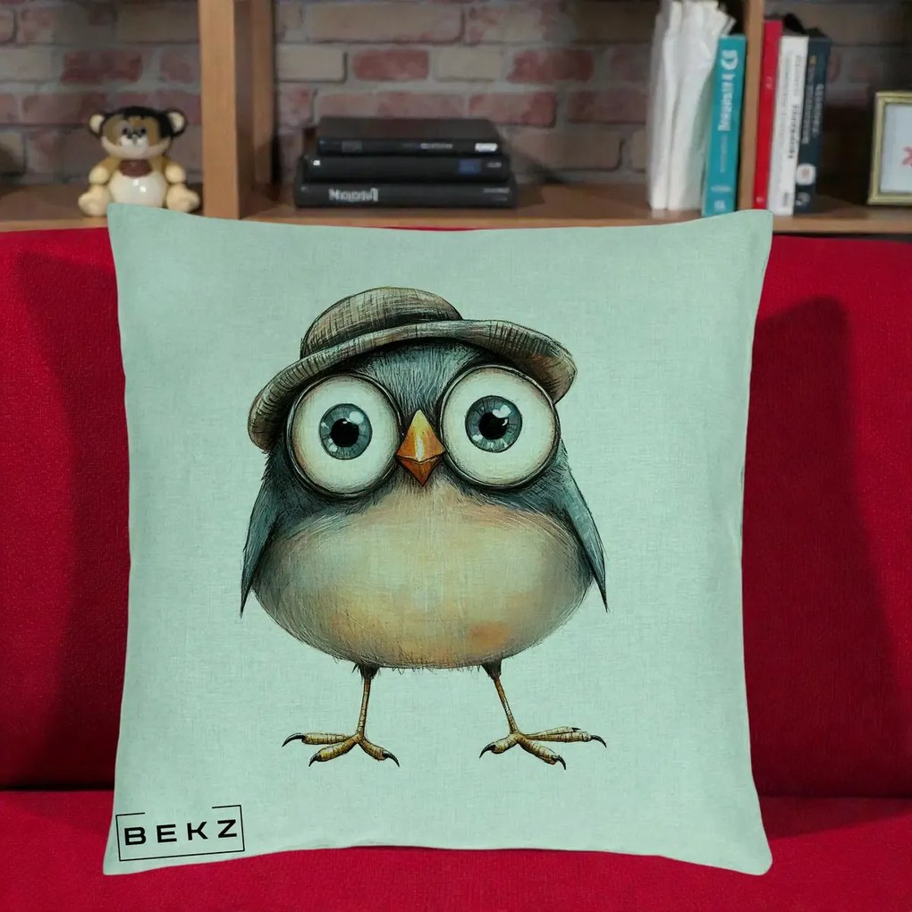 Perna Decorativa Pui cu Palarie Rotunda, 40x40 cm, Verde Menta, Husa Detasabila, Perna Inclusa, BEKZ®