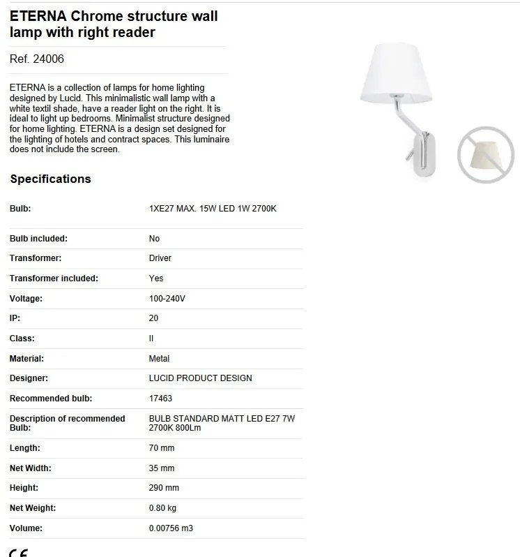 Aplica cu reader LED pe dreapta design elegant ETERNA crom/alb