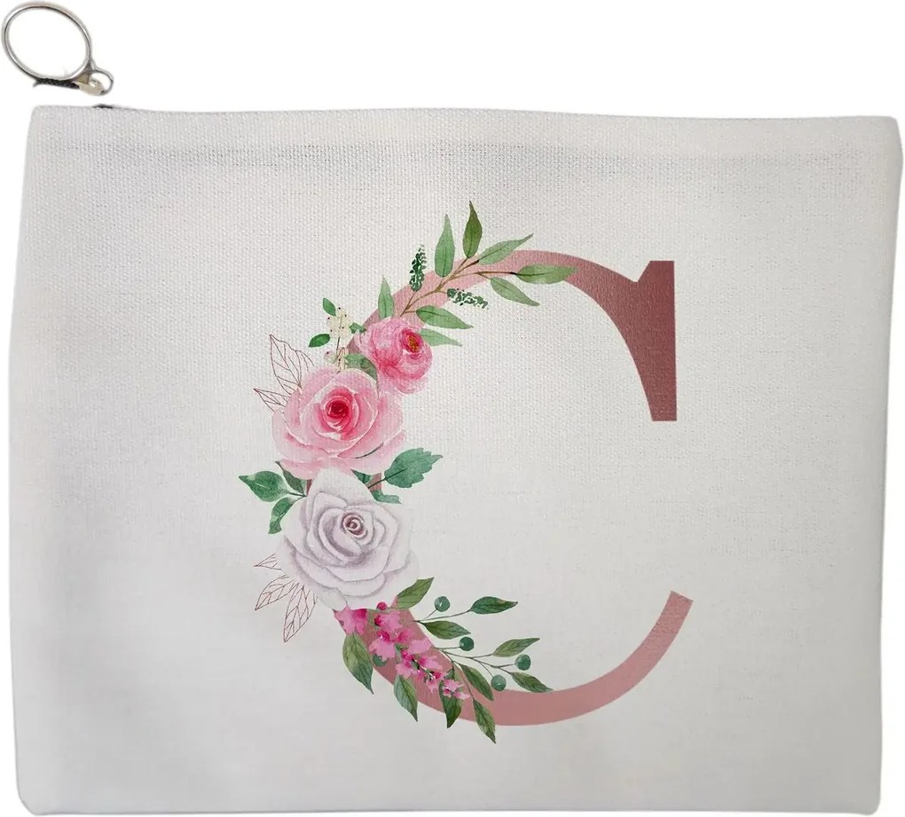 Portfard Cosmetice tip Plic, Cu litera C Rose Gold si Trandafiri, 23x18 cm, Alb, BEKZ®