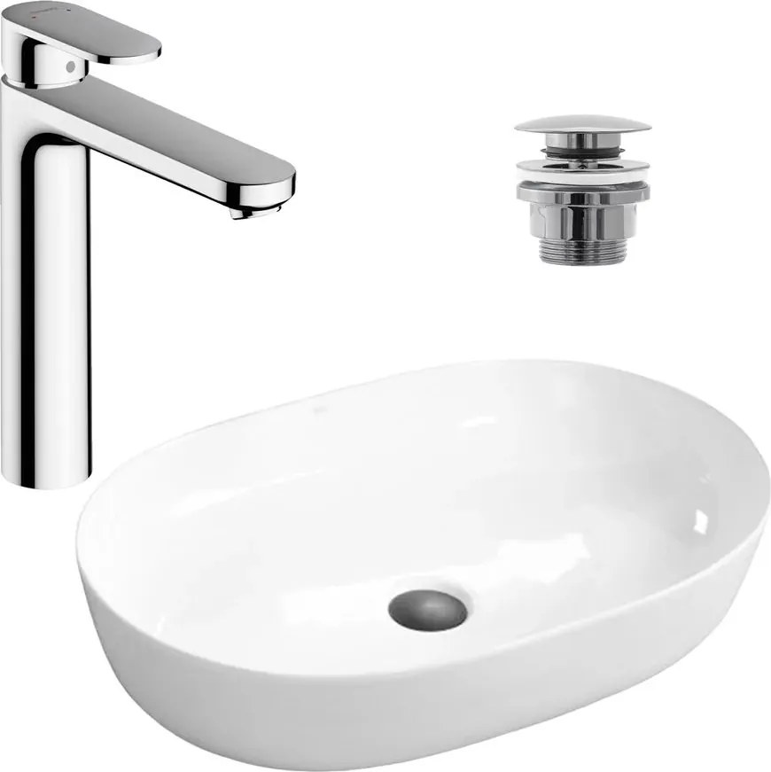 Pachet lavoar pe blat Rea Cleo alb 61 cm, baterie lavoar Hansgrohe Vernis Blend crom si ventil lavoar Click-Clack crom