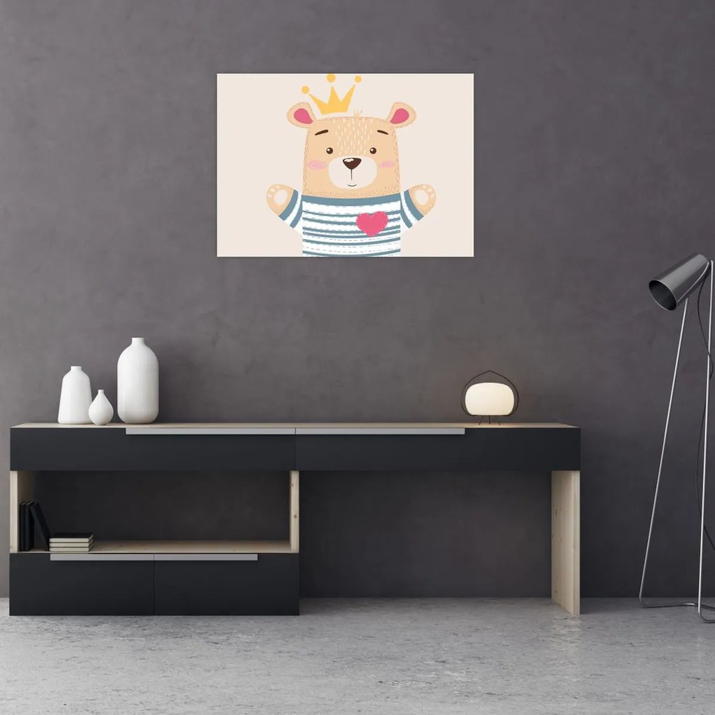 Tablou pe sticlă - Teddy ursuleț cu coroană (70x50 cm)