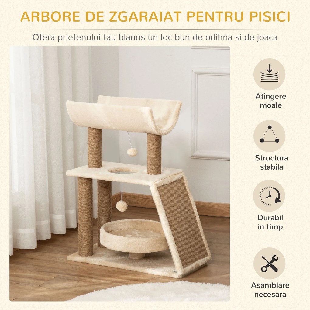 PawHut Copac pentru Pisici cu Cușcă în Formă de U, Pătuț și Covoraș Maro | Aosom Romania