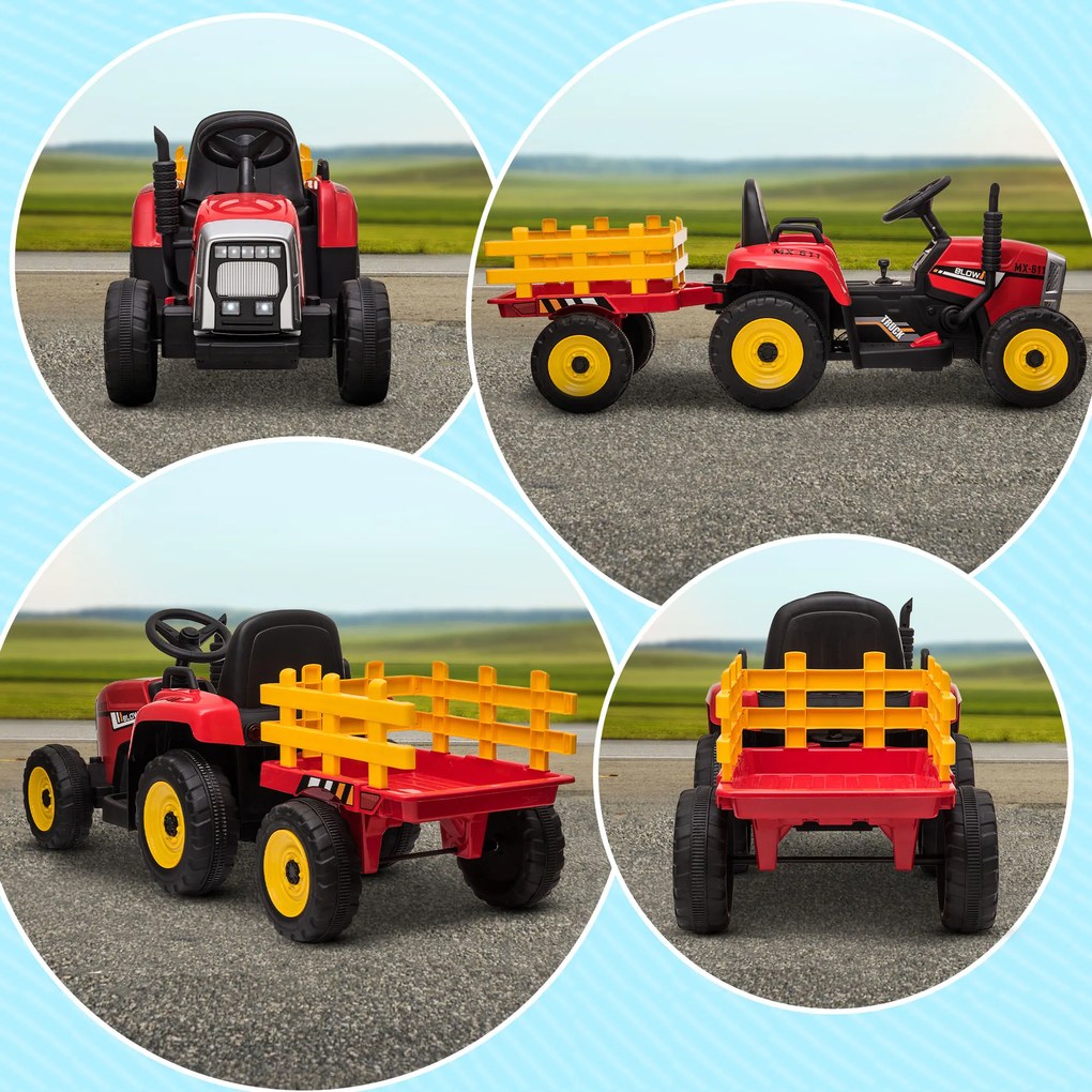 HOMCOM Tractor Electric pentru Copii cu Remorcă Detașabilă, Telecomandă și Lumini, pentru Copii 3-6 Ani, 136,5x50x52,5 cm, Roșu | Aosom Romania