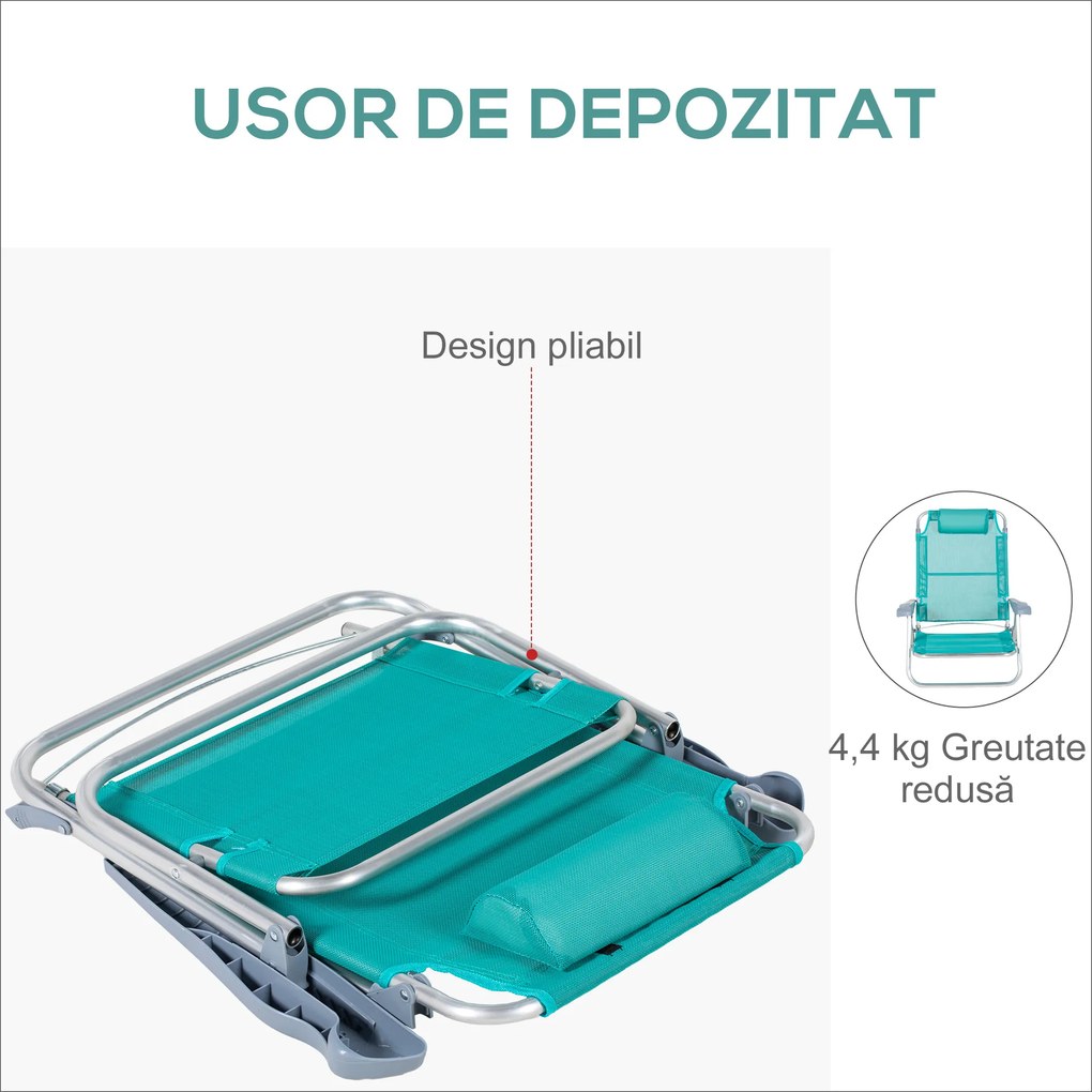 Outsunny Set 2 Scaune de Camping Pliabile cu Tetieră Căptușită și Spătar Reglabil în 6 Poziții, 62x65x80 cm, Albastru | Aosom Romania
