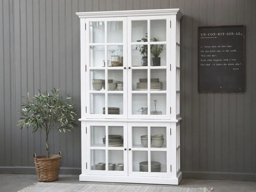 Vitrina alba, din lemn masiv, cu 4 usi, aspect rustic, Marseille