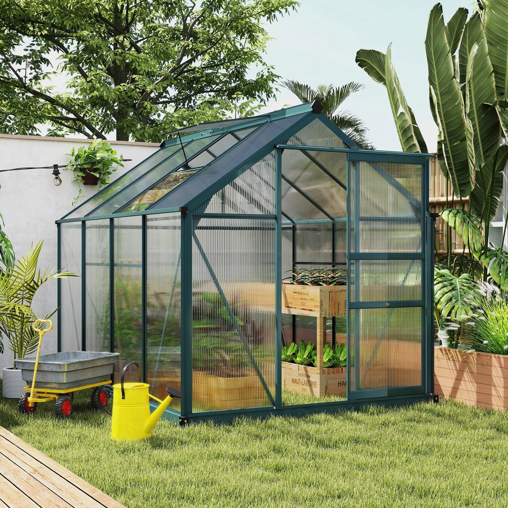 Outsunny Seră de Grădină cu Bază, Fereastră, Ușă Glisantă și Structură din Aluminiu, 190x252x201 cm, Verde Închis | Aosom Romania
