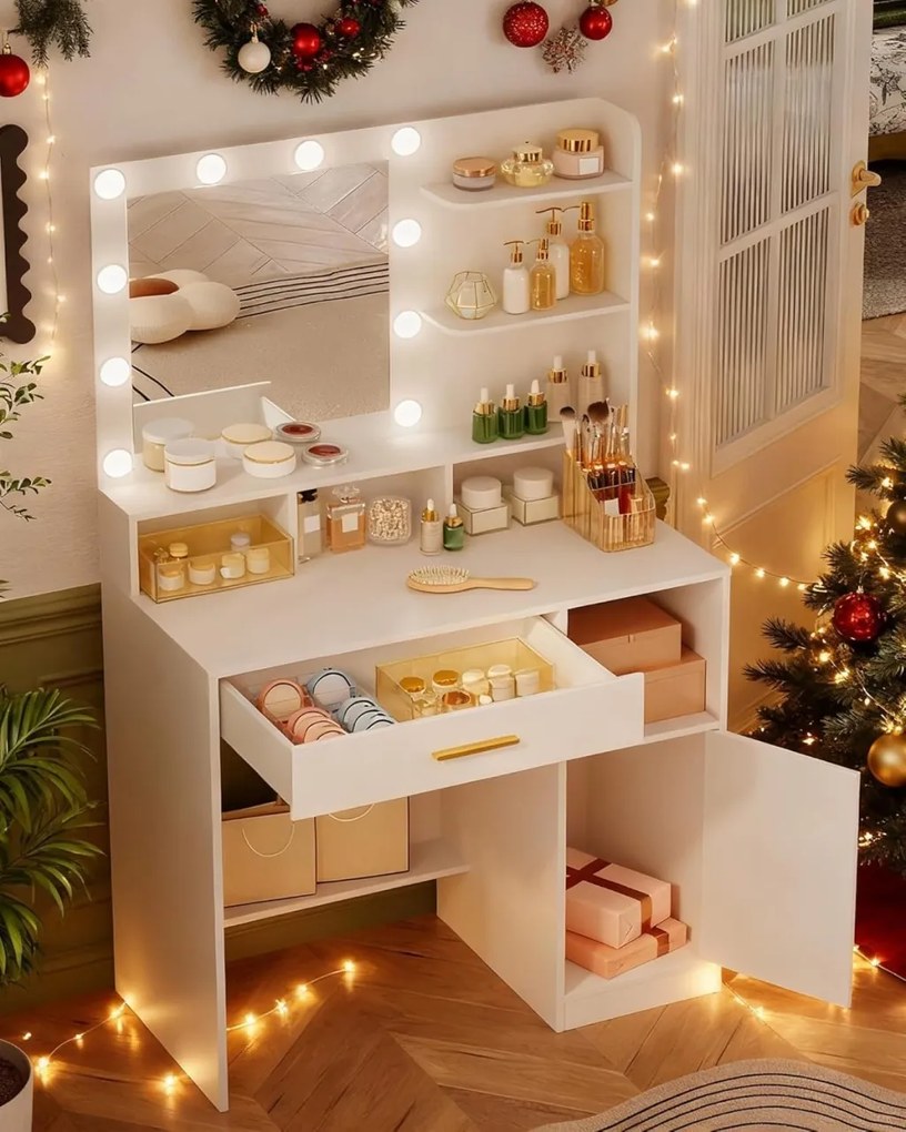 Masuta machiaj cu Oglinda LED si 1 Sertar pentru Cosmetice, Set Masa toaleta 80 cm, Alb / Negru / Gri, masuta cosmetica, vanity - SEG19