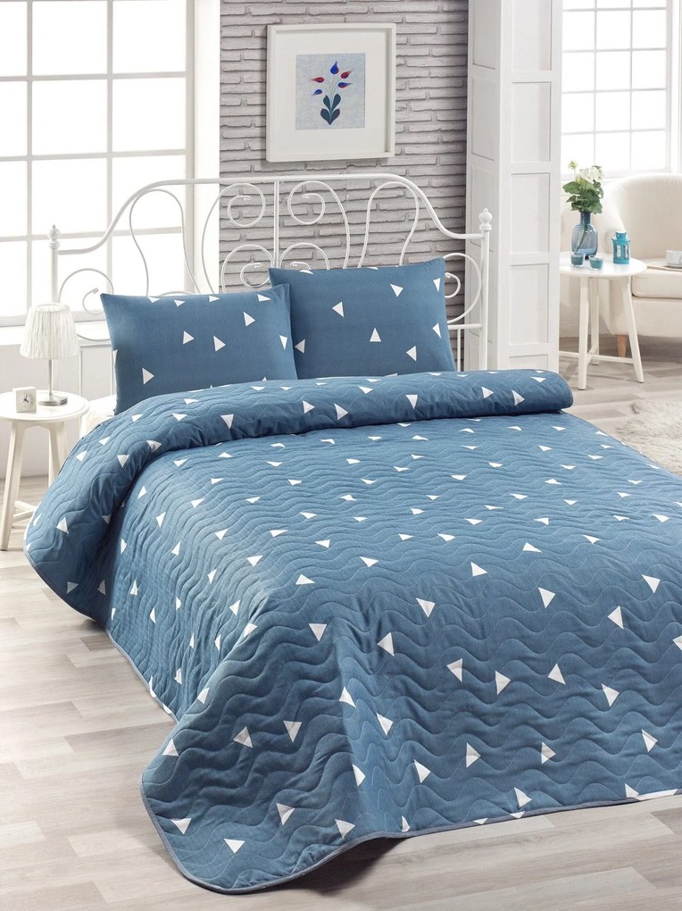Set cuvertura pat UCGEN, albastru inchis, bumbac/poliester, 160x220 cm