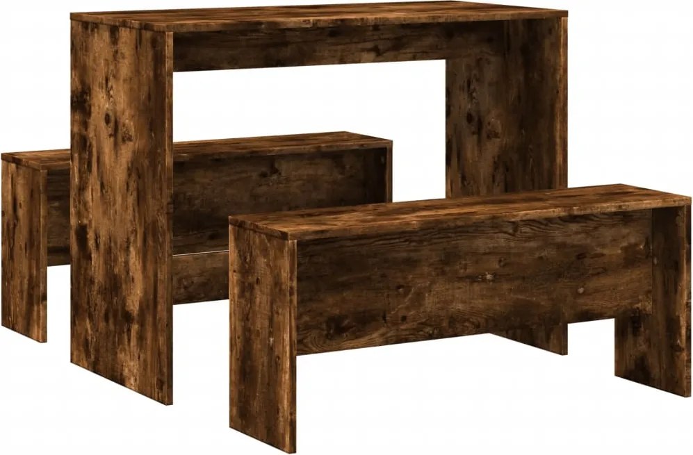 vidaXL Set masă și bănci de bucătărie, 3 piese, stejar fumuriu, lemn