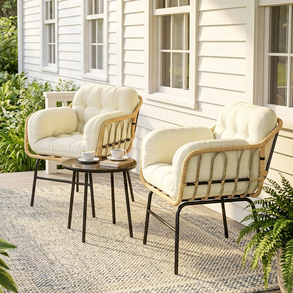 Outsunny Set mobilier exterior 3 piese din rășină împletită, masă din sticlă securizată, 2 fotolii cu perne, 62x73x79cm, Kaki | Aosom Romania