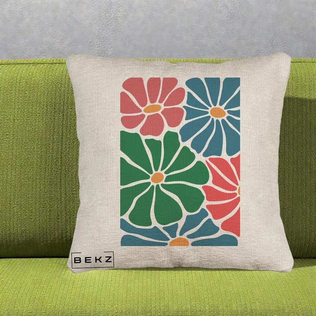 Perna Decorativa Flori Grafice Verde-Roz-Albastru, 40x40 cm, Bej Canapea, Husa Detasabila, Perna Inclusa, BEKZ®