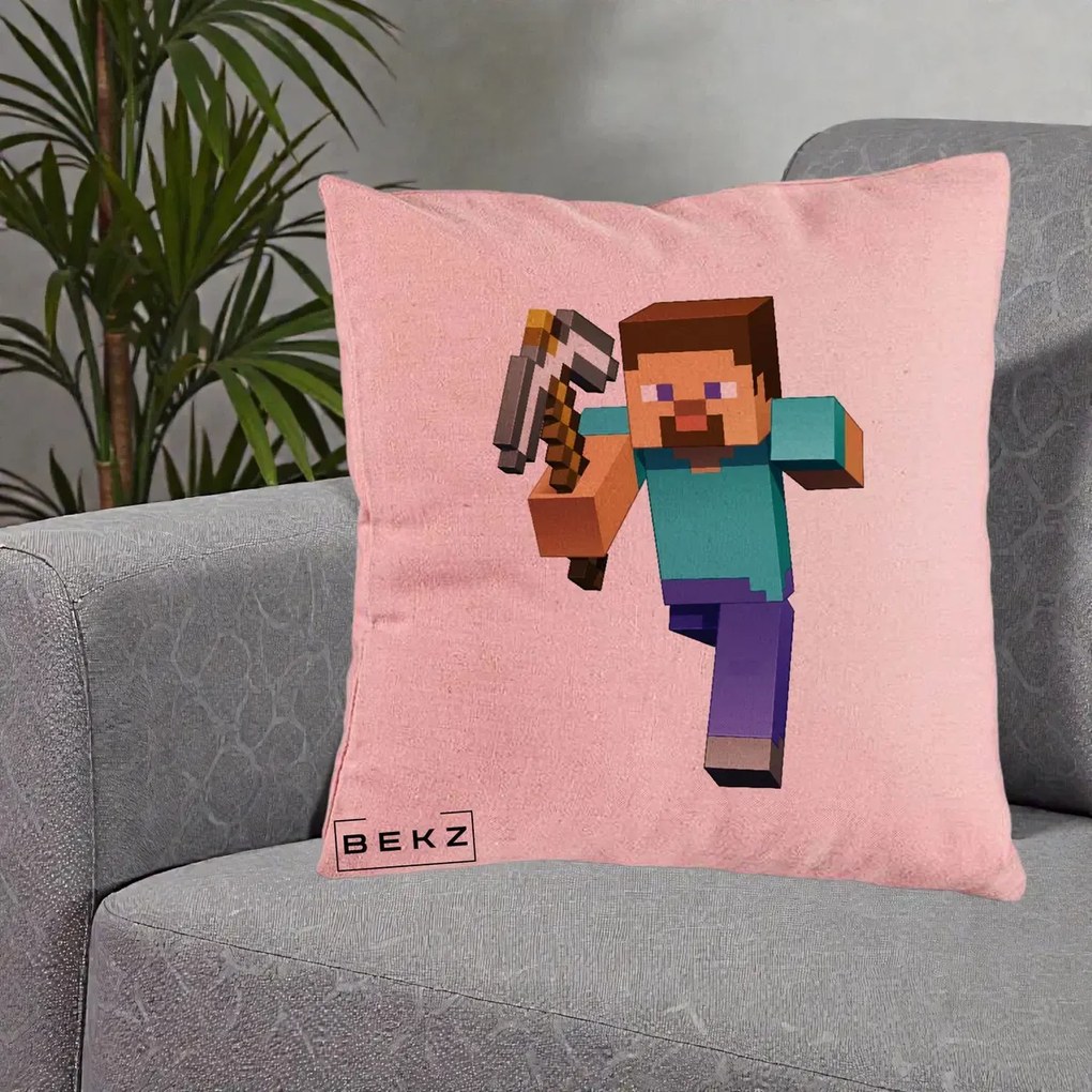 Perna Personalizata Minecraft Steve, 40x40 cm, Roz, Husa Detasabila, Perna Inclusa, BEKZ®