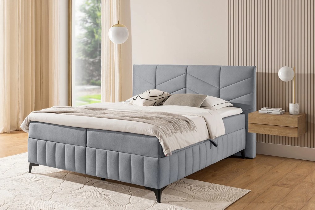 Pat boxspring Penia 160x200 cu spațiu de depozitare - catifea cenușie hidrofobă Element 24