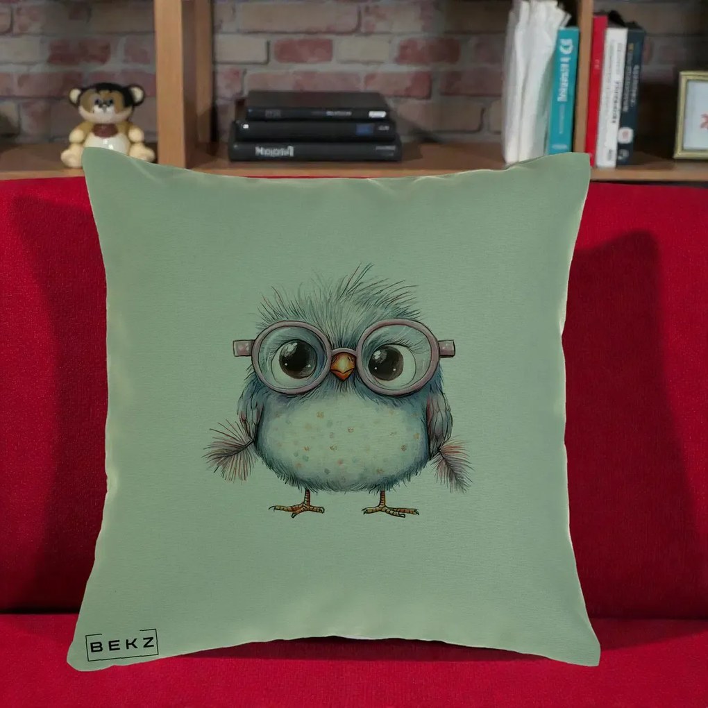 Perna Decorativa Pui Pufos cu Ochelari Roz, 40x40 cm, Verde, Husa Detasabila, Perna Inclusa, BEKZ®
