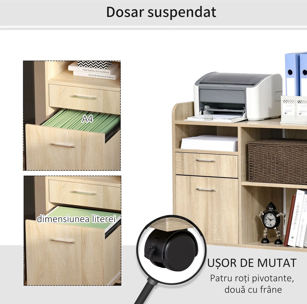Vinsetto Suport Imprimantă Mobil, Mobilă Birou Multifuncțională, 4 Roți, Stejar, 80x40x72cm | Aosom Romania