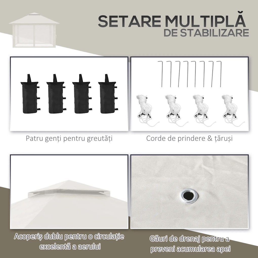 Outsunny Pavilion Pliabil Pop-Up 4x4 m cu Înălțime Reglabilă pe 3 Niveluri, Pavilion Exterior cu Plasă de Țânțari, Saci de Nisip, Geantă de Transport, UV50+, pentru Grădină Camping Petreceri, Crem | Aosom Romania