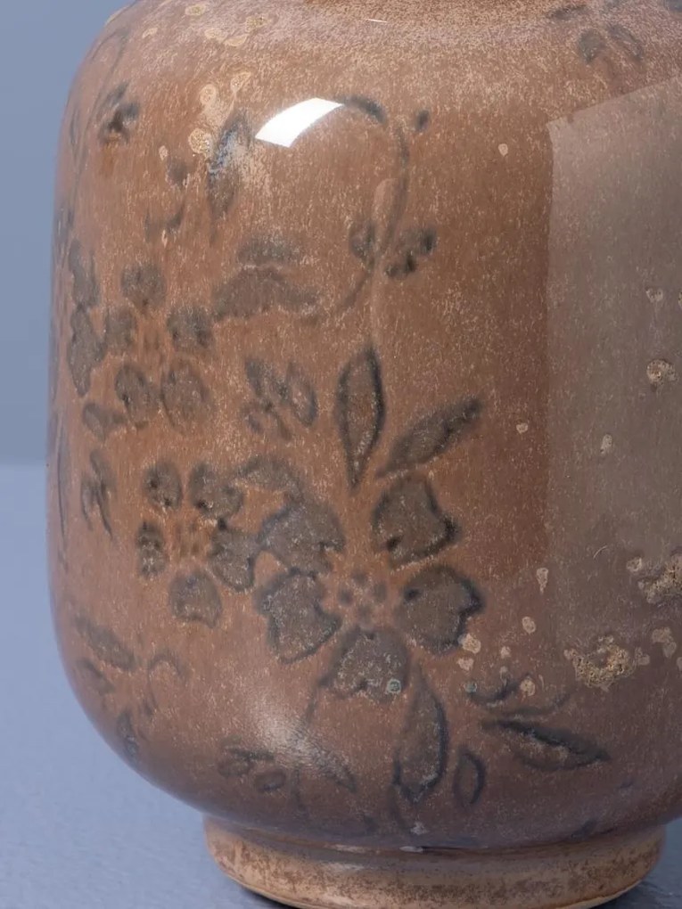 Vază din ceramică artizanală roz cu motive florale, formă rotundă, finisaj lucios, 10,5×15 cm, „Rosaire"