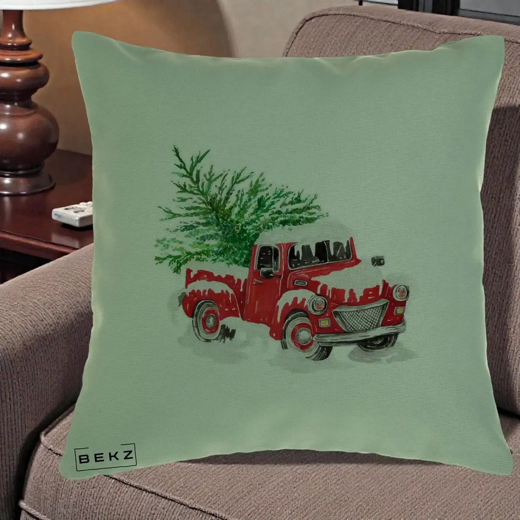 Perna Decorativa Camioneta Rosie Brad de Craciun, 40x40 cm, Verde, Husa Detasabila, Perna Inclusa, BEKZ®