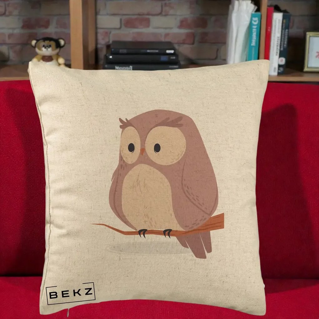 Perna Decorativa Bufnita Kawaii pe Creanga, 40x40 cm, Bej, Husa Detasabila, Perna Inclusa, BEKZ®