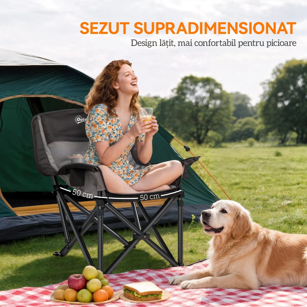 Outsunny Scaun de Camping Pliabil cu 2 Suporturi pentru Pahare și Buzunare Laterale, 99x71x103 cm, Gri | Aosom Romania