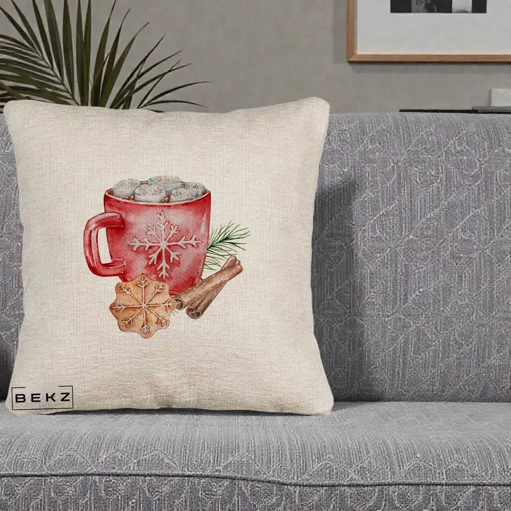 Perna Decorativa Cacao de Iarna cu Biscuit, 40x40 cm, Bej Canapea, Husa Detasabila, Perna Inclusa, BEKZ®