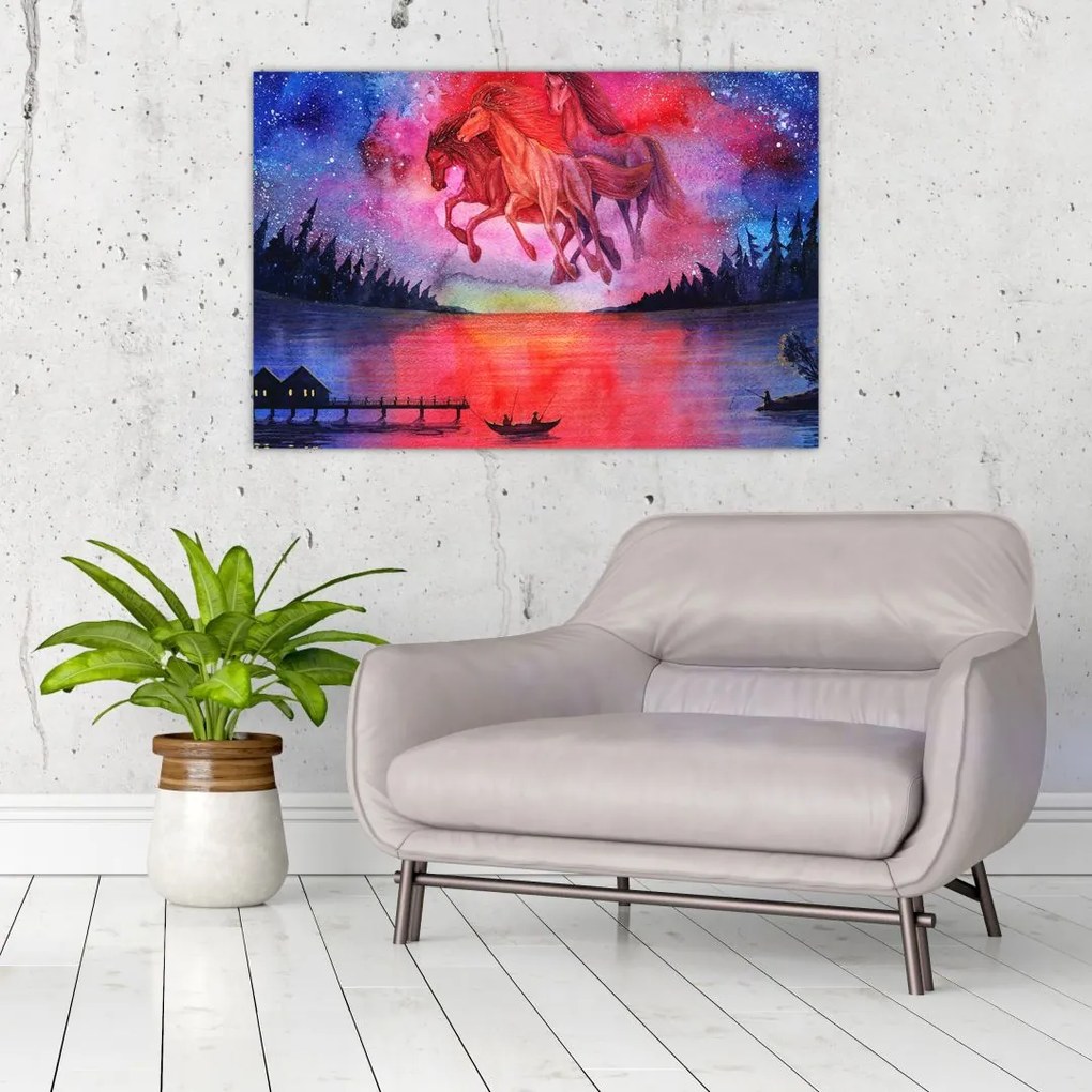Tablou - Apariția cailor spațiali peste lac, acuarelă (90x60 cm)