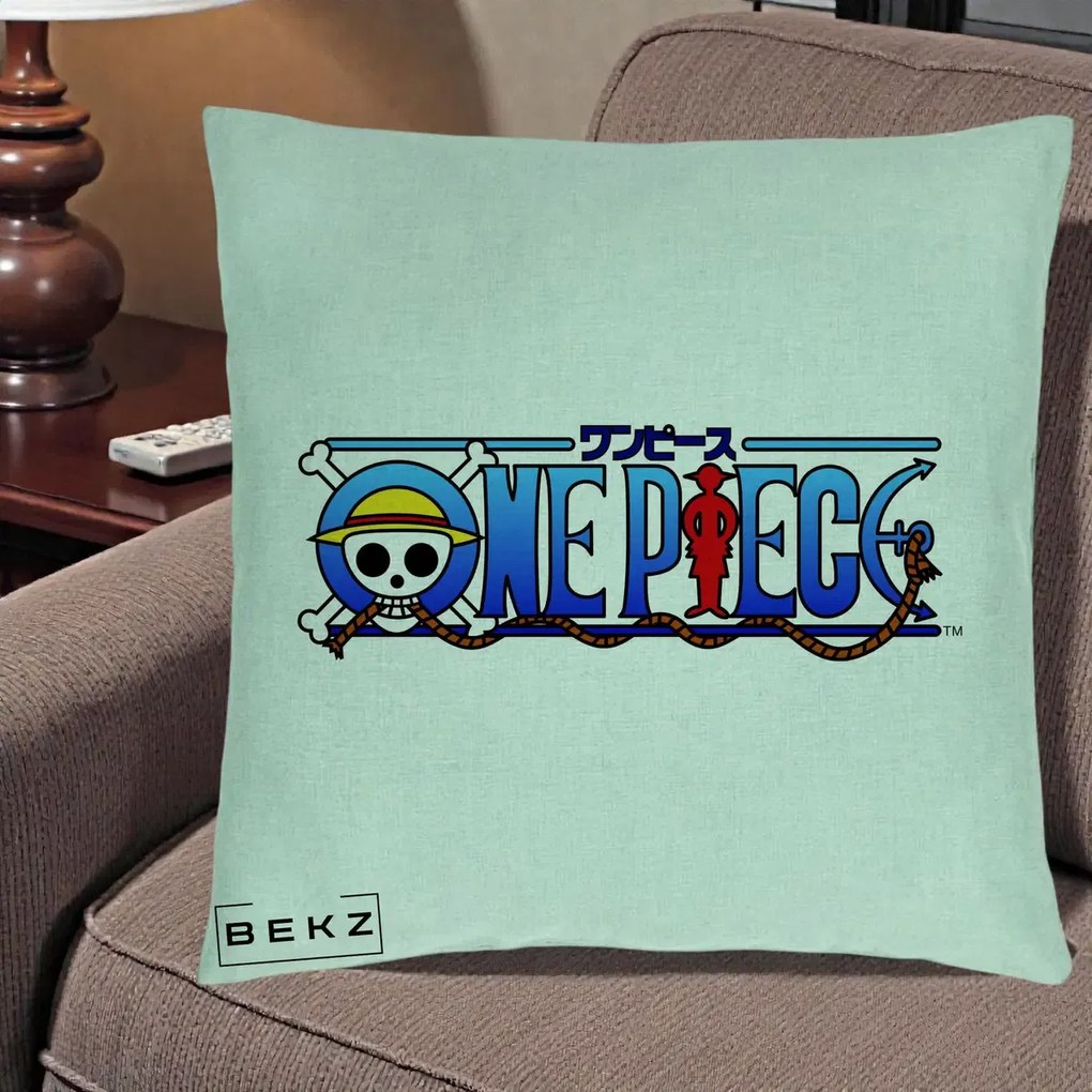 Perna Personalizata One Piece Clasic Albastru, 40x40 cm, Verde Menta, Husa Detasabila, Perna Inclusa, BEKZ®