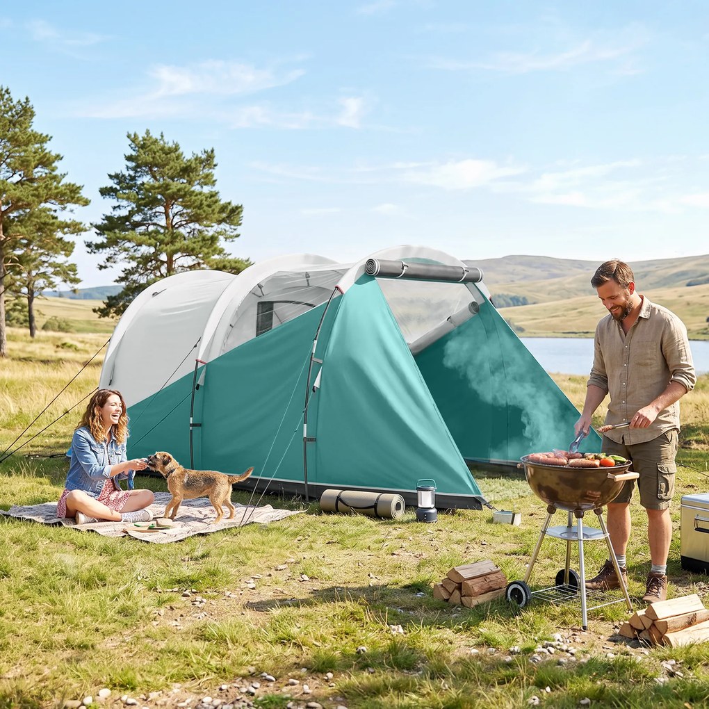 Outsunny Cort de Camping Impermeabil pentru 2-4 Persoane cu Cameră Separată, Cort Tunel cu Geantă de Transport, 460x260x190 cm, Verde | Aosom Romania