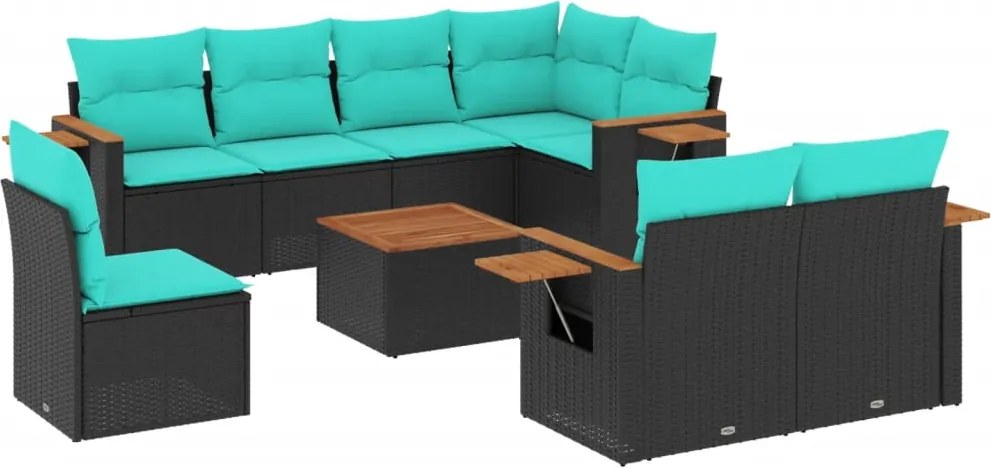 vidaXL Set canapele de grădină cu perne, 9 piese, negru, poliratan