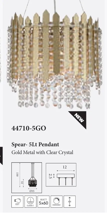 Lustra metal auriu, cristale din sticla Spear 5Lt