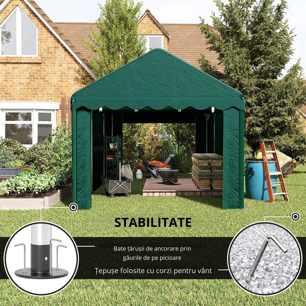 Outsunny Carport tente garage 3 x 6m Acoperiș mașină robust cu 2 uși înfășurate, țesătură 200g PE, verde | Aosom Romania