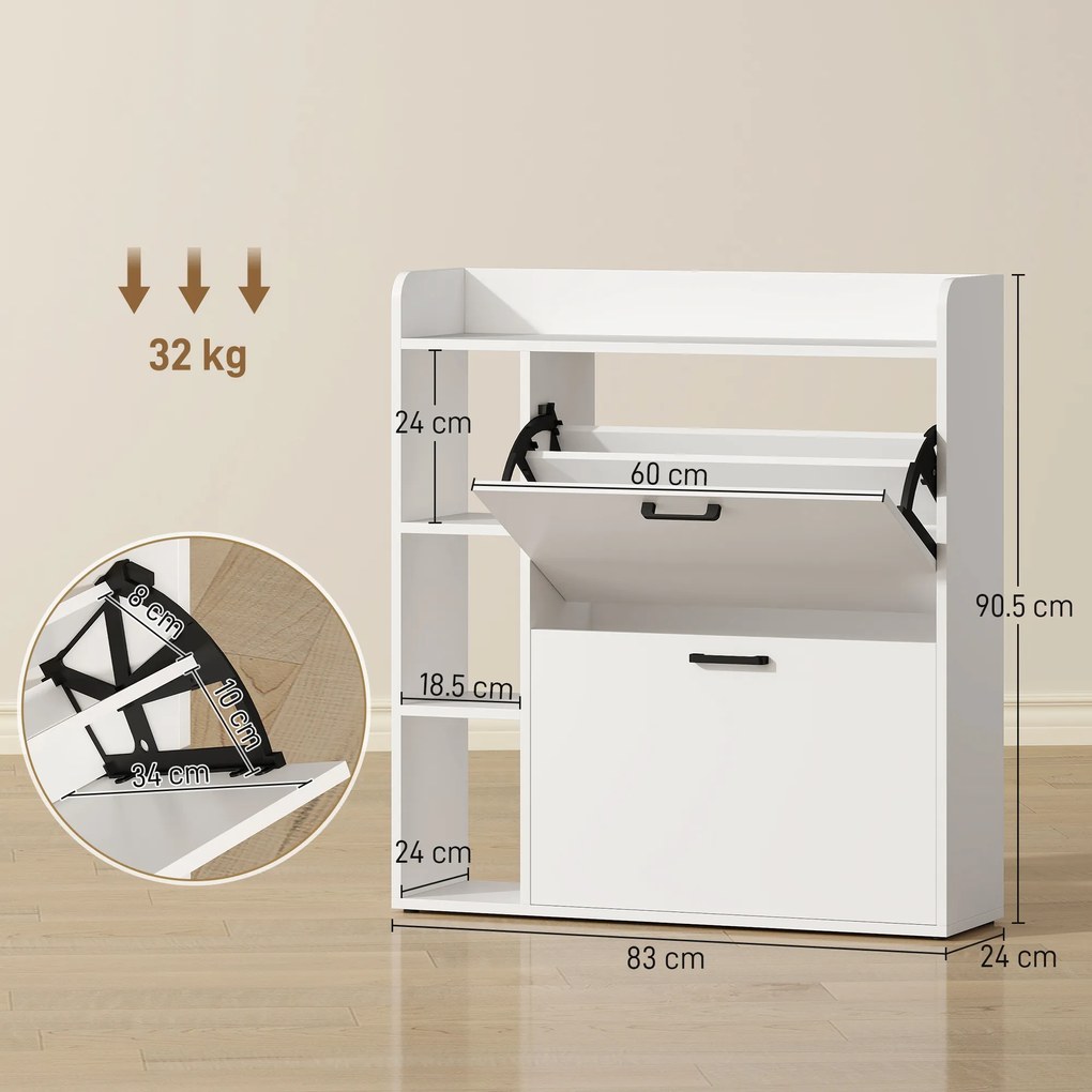 HOMCOM Dulap pentru pantofi slim cu 2 sertare rabatabile și 3 rafturi, Capacitate 15 perechi, 83x24x90.5 cm, Alb | Aosom Romania