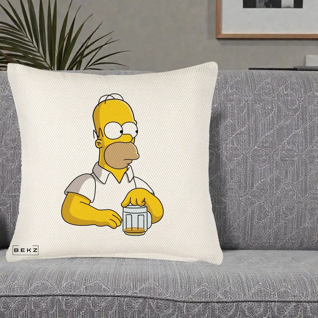 Perna Personalizata Homer Simpson cu Bere, 40x40 cm, Crem Reliefat, Husa Detasabila, Perna Inclusa, BEKZ®