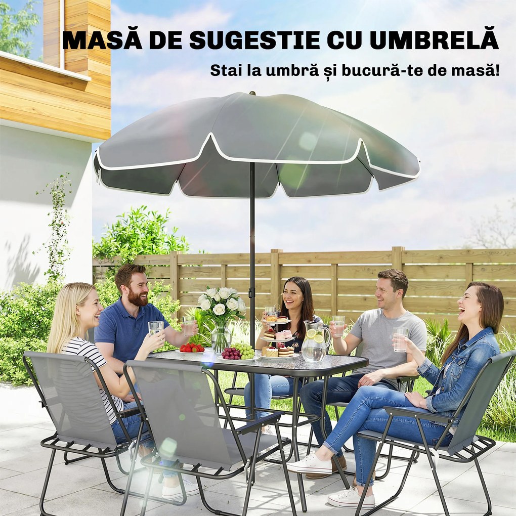 Outsunny Set de Masă de Grădină 8 Piese cu Umbrelă, Set Mobilier Grădină cu 6 Scaune Pliabile, Masă din Sticlă Temperată și Umbrelă pentru Terasă, Gri | Aosom Romania