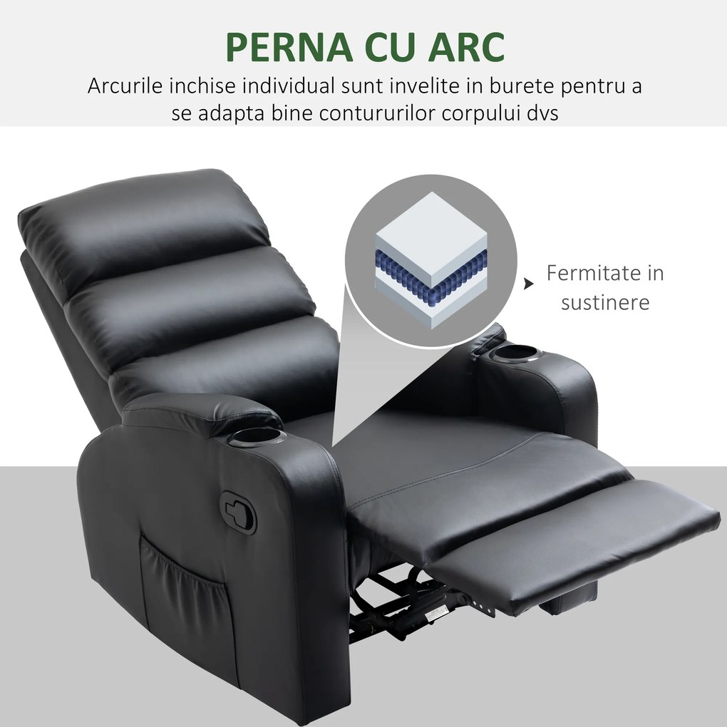 HOMCOM Fotoliu de relaxare rabatabil cu suport pentru picioare reglabil acoperit sintetic, negru, 79x89x100cm