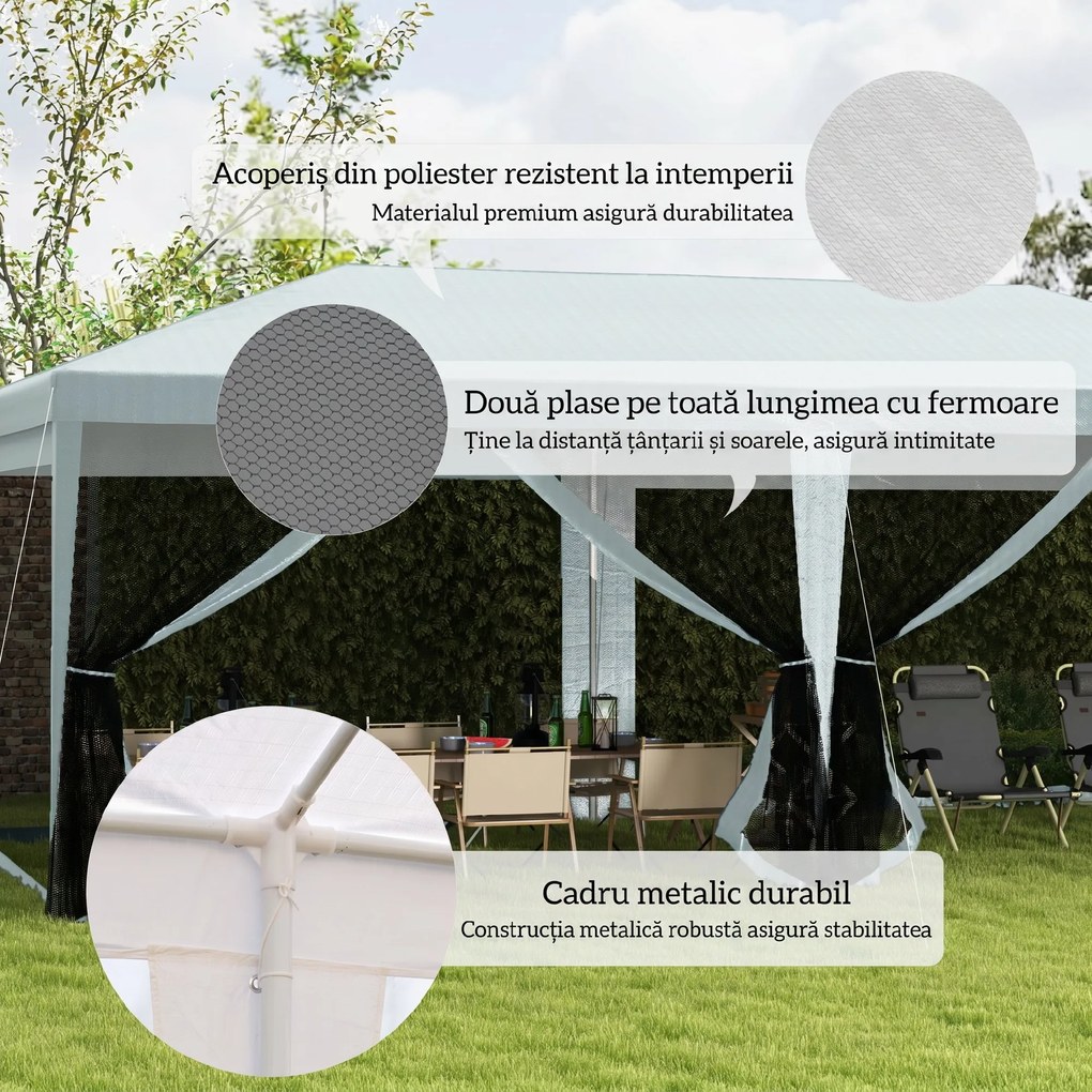 Outsunny  Cort de Exterior cu 6 Părți Laterale Detașabile, Cort pentru Petrecerie, Adăpost pentru Umbră pentru Evenimente, 584.6x295.6x256 cm, Alb.