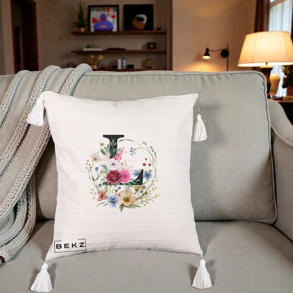 Cadou Personalizat - Perna Personalizata Monogram Litera L cu Flori Acuarela, 40x40 cm, Bej cu Franjuri, Husa Detasabila, Perna Inclusa, BEKZ®