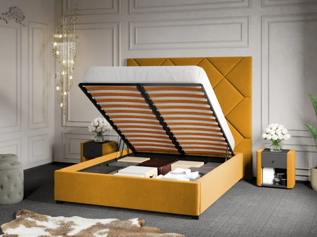 Pat Tapitat cu Panou 191x170 C2 Dubai pentru saltea de 190 rabatabil cu lada Galben - Velluto 8 140x190