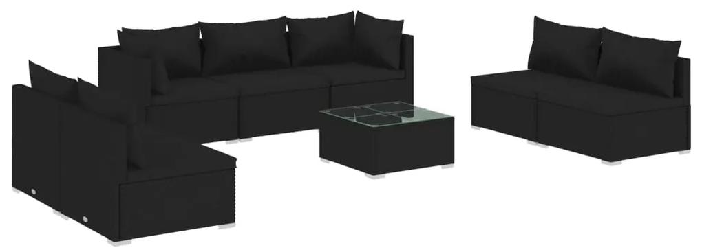 Set mobilier de gradina cu perne, 8 piese, negru, poliratan Negru, 2x colt + 5x mijloc + masa, 1