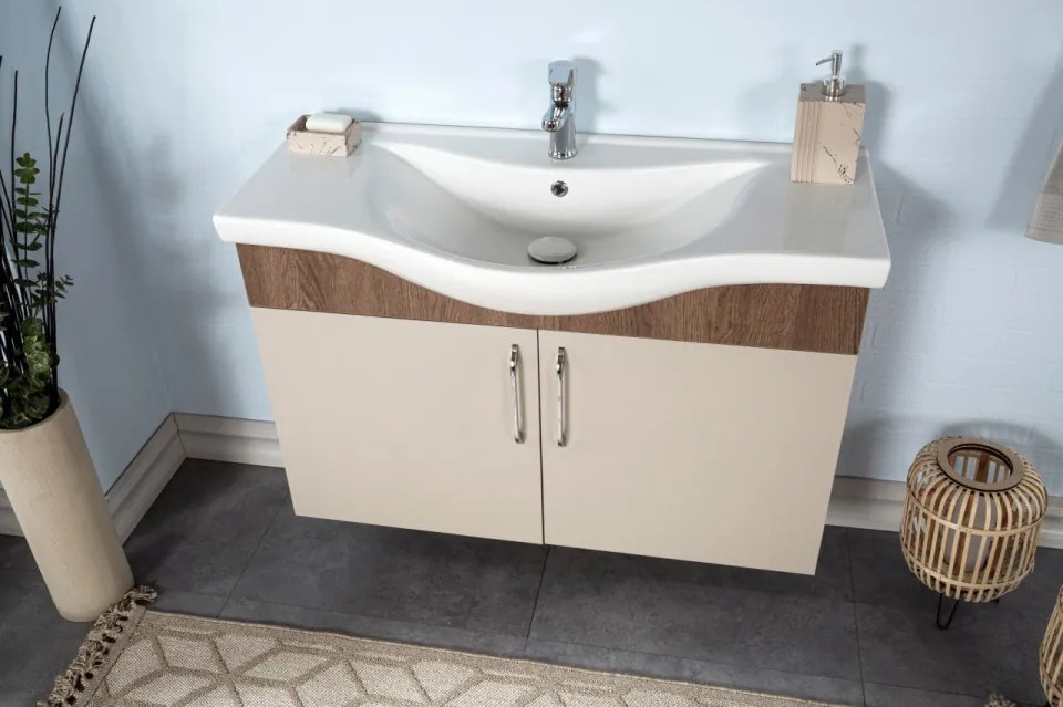 Set Mobilier Baie Sokotra 100, Include Baza Lavoar, Lavoar și Oglinda, 100 cm, Crem