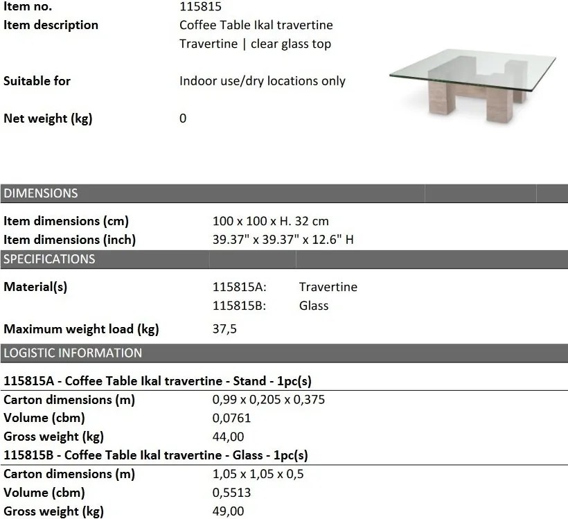 Masuta design LUX din travertin Ikal 100x100cm