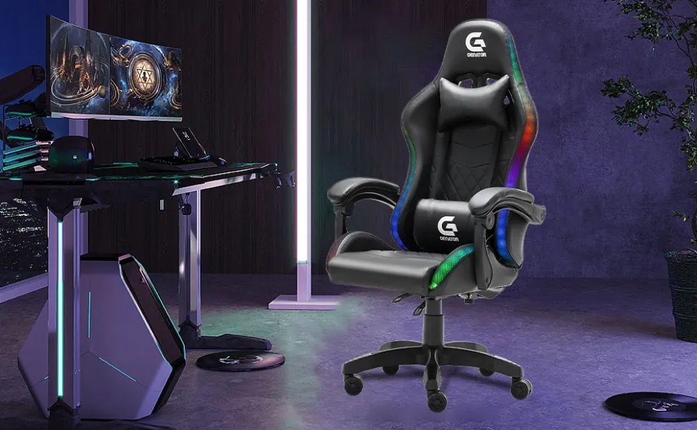 Scaun de gaming cu LED, masaj în perna lombară, design Racing, funcție recliner, telecomanda, Negru