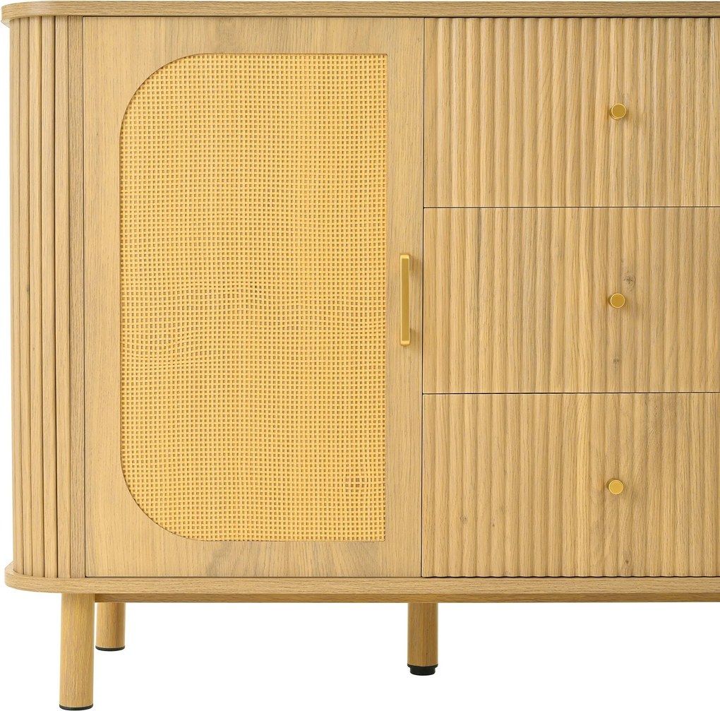 Comodă cu uși din ratan, design curbat, 140x40x80 cm, Culoare naturală
