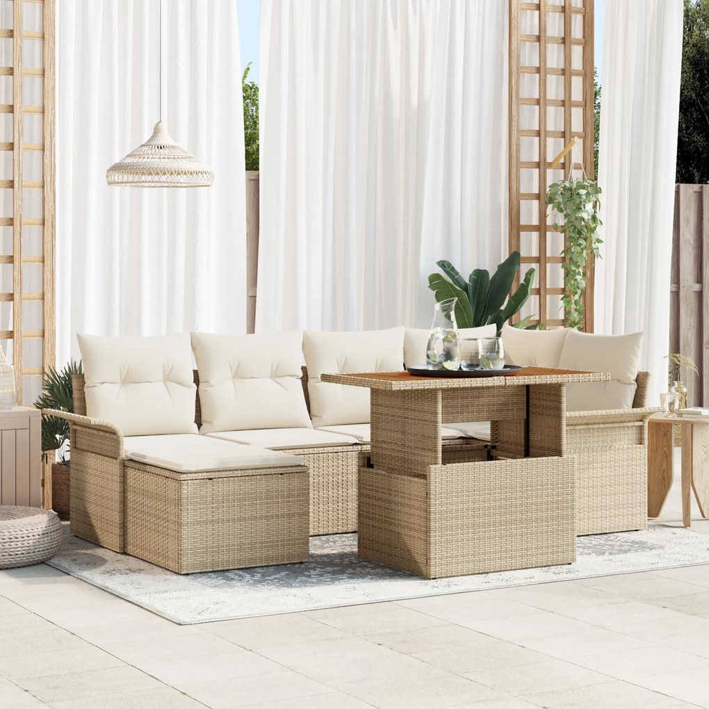 vidaXL Set de dining pentru grădină cu 7 piese, perne bej din rattan poli și acacia