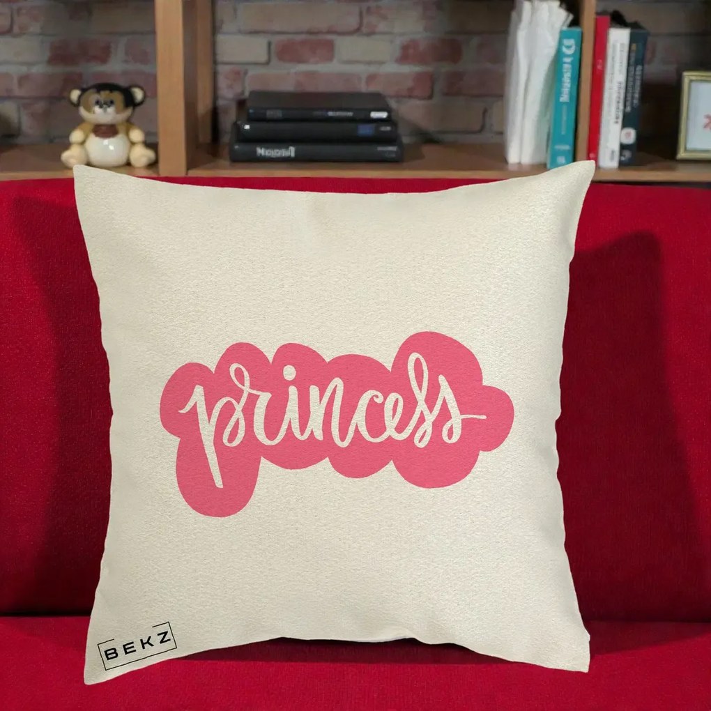 Perna Decorativa Princess Text Roz, 40x40 cm, Ecru, Husa Detasabila, Perna Inclusa, BEKZ®