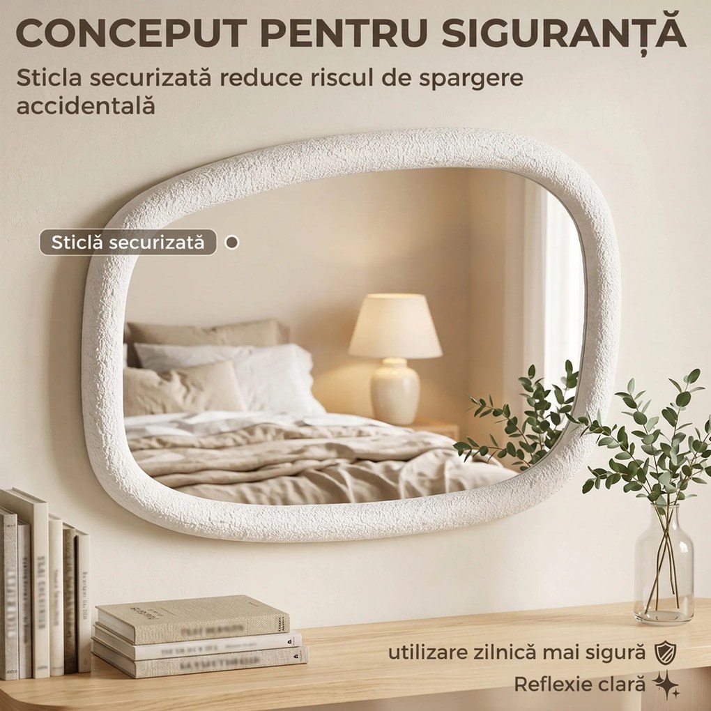 HOMCOM Oglindă de Perete Neregulată 60 cm, Oglindă de Baie cu Sticlă Securizată și Ramă cu Efect de Piatră, Alb | Aosom Romania