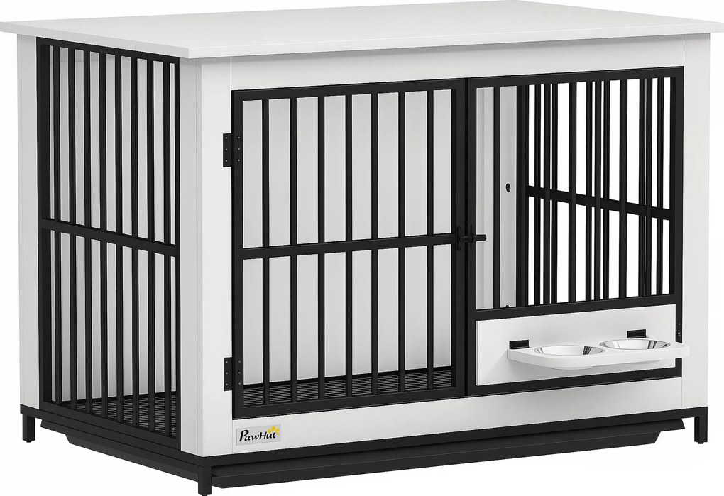 PawHut Cușcă mare pentru câini, acces ușor, închidere cu încuietoare, suport rotativ pentru boluri, pentru câini mici și mari, alb | Aosom Romania
